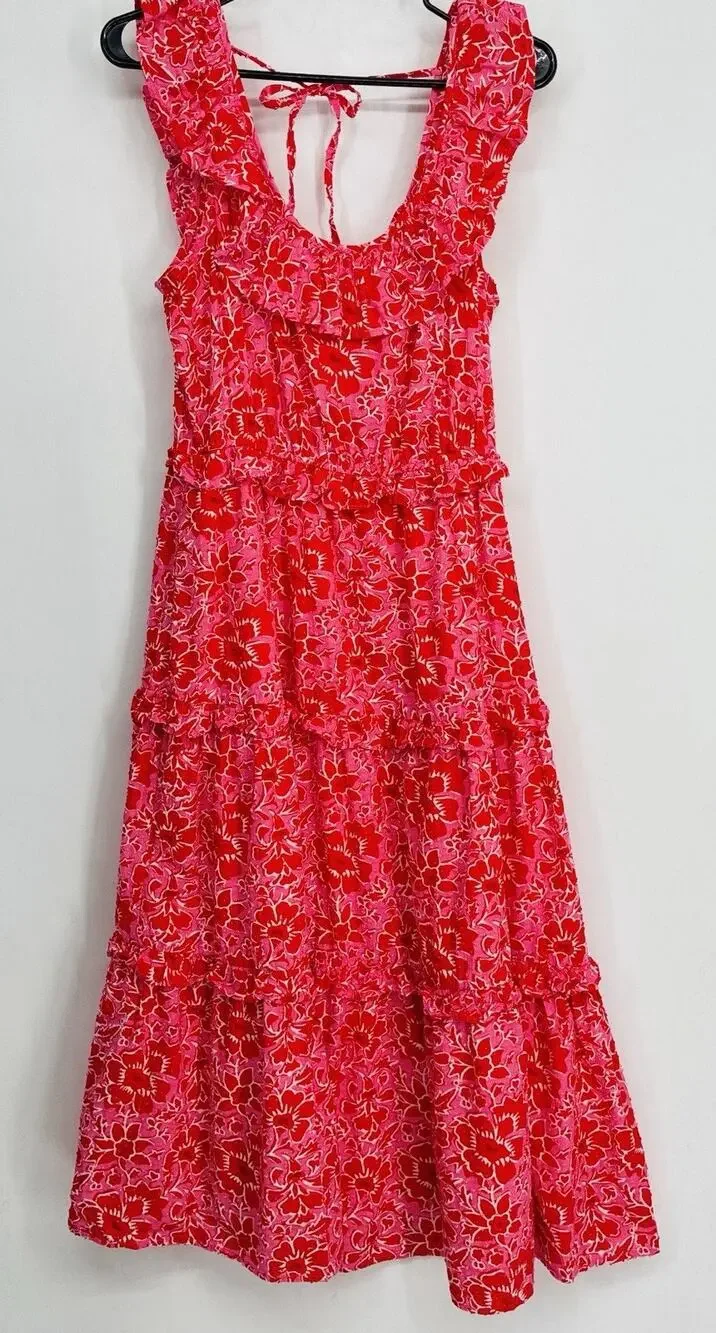 J.Crew Womens Size 8 Pink Floral Cotton Tiered Midi Dress Ruffle Pockets Garden